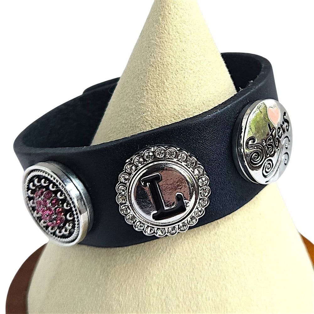 Ginger Snaps Navy Faux Leather Bracelet w/ Letter L Sisters Pink Crystal Sz 7-8